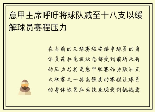意甲主席呼吁将球队减至十八支以缓解球员赛程压力