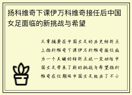 扬科维奇下课伊万科维奇接任后中国女足面临的新挑战与希望