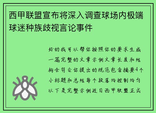 西甲联盟宣布将深入调查球场内极端球迷种族歧视言论事件